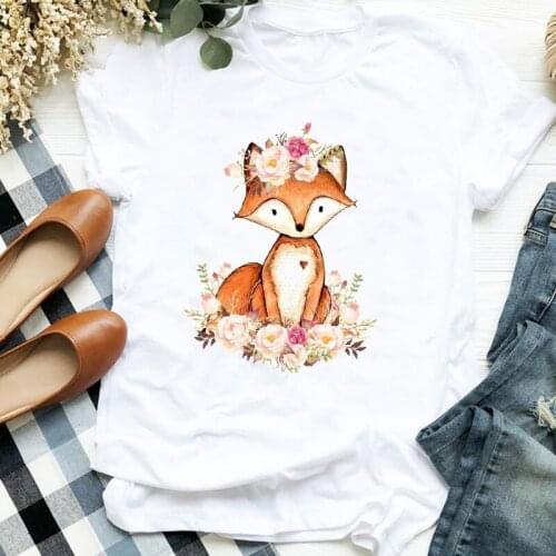 Women Lady Fox Flower Cartoon Short Sleeve Cute Fashion 90s Print Tshirt Female T Tee Womens Shirt Clothes Top Graphic T-shirt