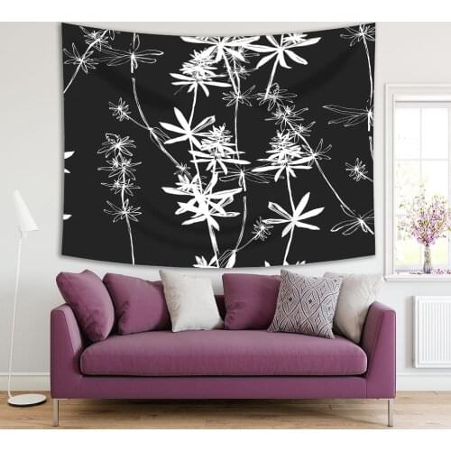 Tapestry Flower Plants Blossoms Leaves in Summer Garden Oriental Vintage Monochrome Artwork White Black