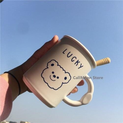 Ceramic Cup 400-500ML Cute Mugs Rabbit Bear Smile Face Cup Ins Student Korean Style Cartoon Mug with Lid and Spoon Coffee Mug