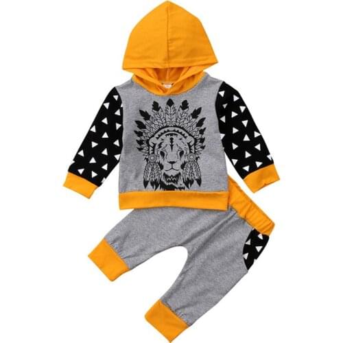 Cartoon Lion Newborn Infant Toddler Kid Baby Boy Girl Clothes Set Long Hooded Hoodies Outfit Clothes Tshirt Tops+Long Pants Set