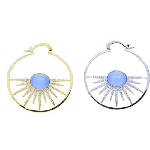 Korean Trendy Hoop Earrings Shiny Cubic Zircon Sunburst North Star Hoops Bezel Blue Turquoises Charm Women Girls New Earrings