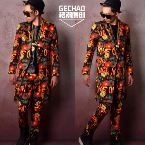 Long blazer men suits designs jacket mens Color flowers are more graffiti style coat stage costumes for singers clothes dance