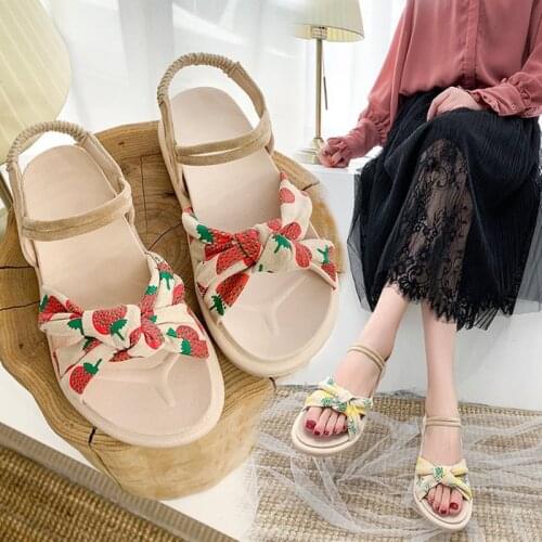 Summer Sandals Sweet Strawberry Pineapple Beach Sandals Vocation Slip-On Comfort Bowknot Flat Female Casual Outside Slippers