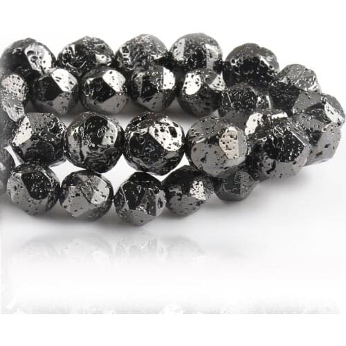Natural Faceted Volcanic Rock Lava Hematite Gun Black Loose Spacer Stone Beads For Jewelry Making Diy Energy Bracelets 15"Inches