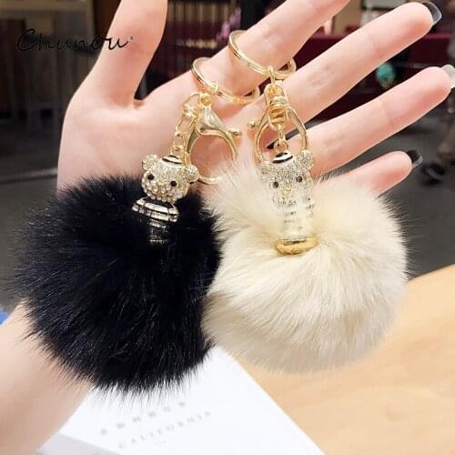 New Cute Mini Crown Bear Bow Keychain Handmade Fluffy Fur Pompom Ball Inlaid Rhinestone Lady Bag Accessory Car Key Ring Pendant