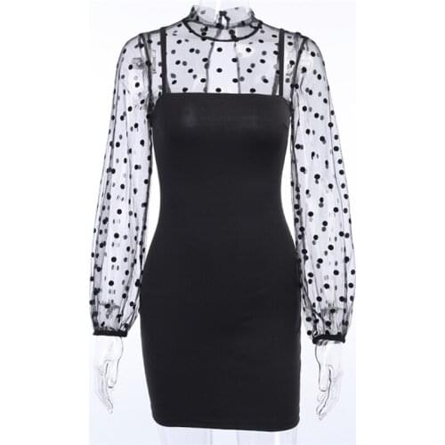 SURUFENG High Waist Black Dots Mesh Long-Sleeve Sheath Mini Dress Half High Collar Sexy Fashion Slim Fit Bodycon Dresses