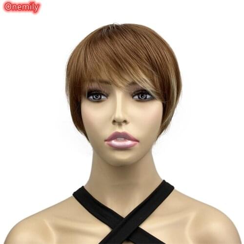 Onemily Short Brown Pixie Wig with Bangs Heat Resistant Synthetic Natural Straight Women Daily Wigs