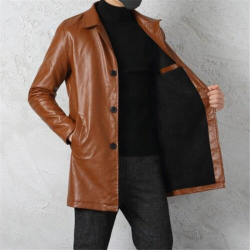 Idopy Autumn Winter Mens Faux Leather Long Jackets Fleece Coats Business Trench Men PU Winter Single Breasted Outerwear