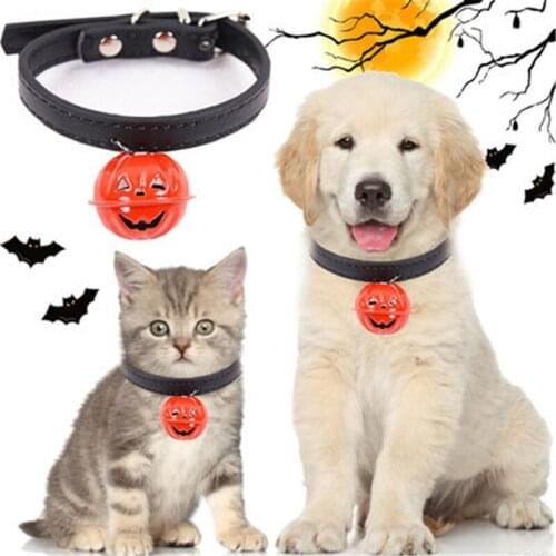 Dog Collar Pumpkin Bell PU Leather Adjustable Length Halloween Ghost Festival Pet Clothing Accessories