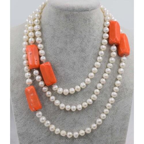 Freshwater pearl necklace white near round 8-9mm and orange coral pillar wholesale 50nch FPPJ wholesalegift