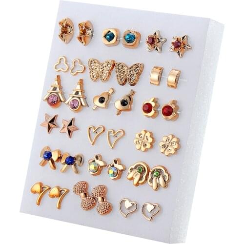 18 Pairs Gold Colorful Rhinestone Hollow Flower Star Heart Mix Style Plastic Stud Earrings Set For Women Girls