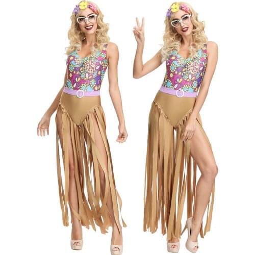 Flower Printed Long Sleeve Boho Dresses Hippie Dress With Headband Adult Halloween Cosplay Performance Party Halloween Costumes