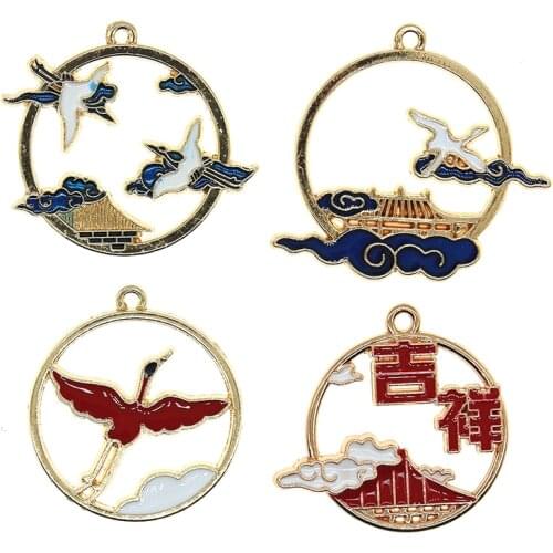 Chinese Style Ancient Architecture Wild Goose Enamel Crane Auspicious Charms For Jewelry DIY Bracelet Earrings Necklace Findings