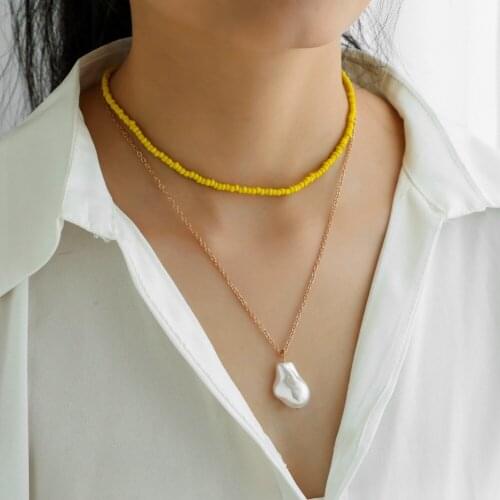 Gold Plated Chain Rice Beads Chain Multi Layers Clavicle Necklace With Pearl Pendant for Women Creative Ethnic Jewelry