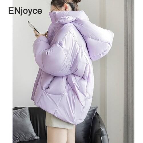 Women Winter Oversized Hoodie White Duck Down Coat Female Japanese Stylish Purple Down Parka Jacket Loose Warm Outerwear
