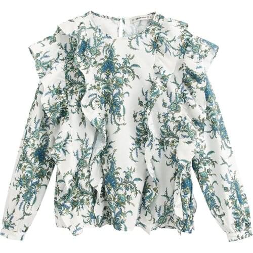 Long Sleeve Shirt Floral Print Blouse O Neck Ruffle Blouse White Shirts Women Tops Fall Winter Clothes Fashion Woman Blouses