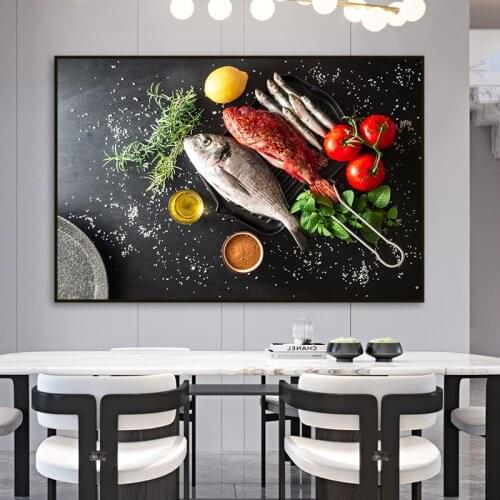 Fish Vegetable Spices Canvas Painting Modern Kitchen Posters and Prints Wall Art Food Pictures for Living Room Decoration Mural