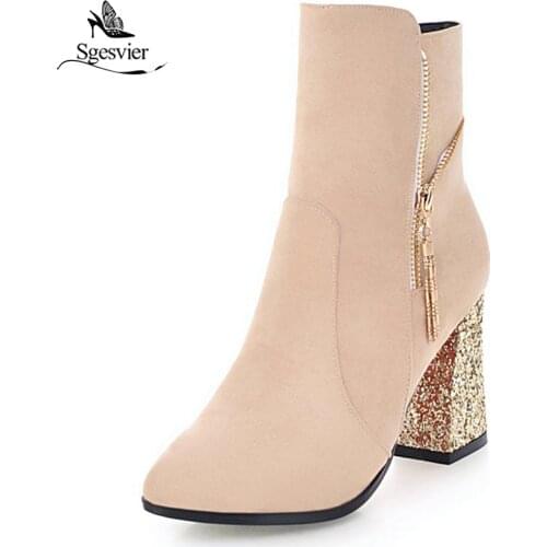 Sgesvier pointed toe short plush warm autumn winter boots simple zipper fashion ankle boots for women black red beige OX769