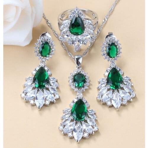 925 Sterling Silver Green Cubic Zirconia Costume Big Jewelry Sets Necklace And Stud Earrings Charm Bracelet Sets For Women Gift