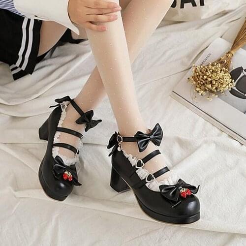 Lolita Shoes Women High Heels Pearl Lace Edge Straps Bow Cute Girls Princess Tea Party Shoes Students Lovely Shoes Size 30-43