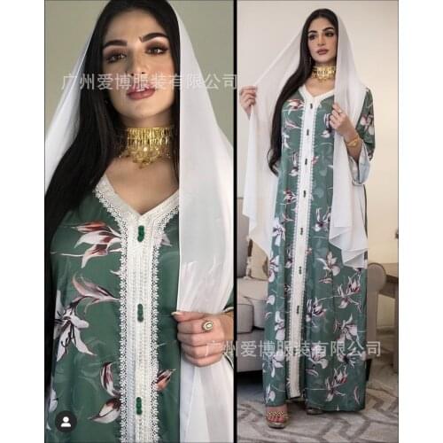 Middle East Womens Clothing Printed Long Lace Dress Abaya Muslim Jalabiya Muslims Women Long Dress + headwear