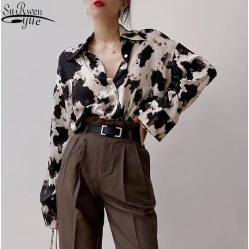 Long Sleeve Blouse Cow Print Button Up Shirts Women Korean Spring Clothes Chiffon Streetwear Plus Size Tops 2021 New Blusas13486