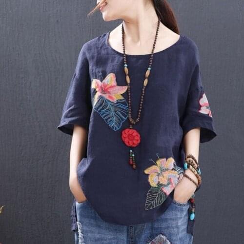 Short sleeve Blouses Plus size Cotton Vintage Women Floral Embroidery Blouse Shirt Ladies Loose Casual Tops White