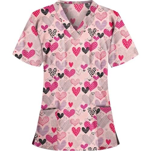 Women V-neck Tops Short Sleeve Pocket Working Uniform Fashion Loose Tee Shirt Femme Camiseta Mujer Verano #P3