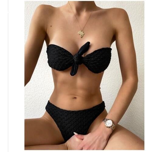 Black lace female swimsuit Push up swimwear women biquinis Knot Front bikini Bandeau 2020 mujer bathing suit Summer beach wear