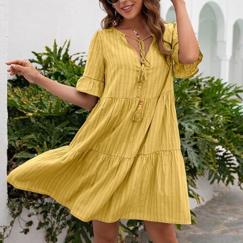 Women Summer Bohemian Mini Dress Casual Loose Short Sleeve V-neck Lace Up A-line Dress Simple Style Female Vacation Clothing