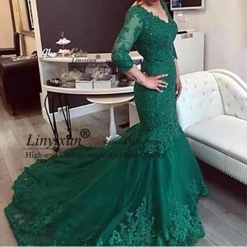 Long Sleeves Lace Prom Dresses Mermaid Plus Size V Neck Beads Arabic Muslim Women Gold Formal Prom Evening Gowns Robe De Soiree