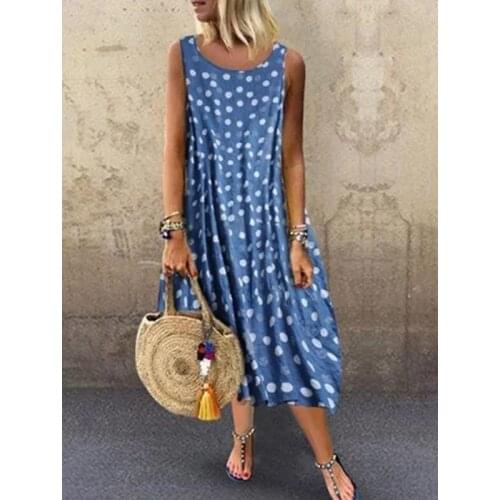 Imprimé à Pois Robe Trapèze Dames D'été Sans Manches Décontracté Plage Longue Robe Ample Bohème Robes Bustier Sexy Lady