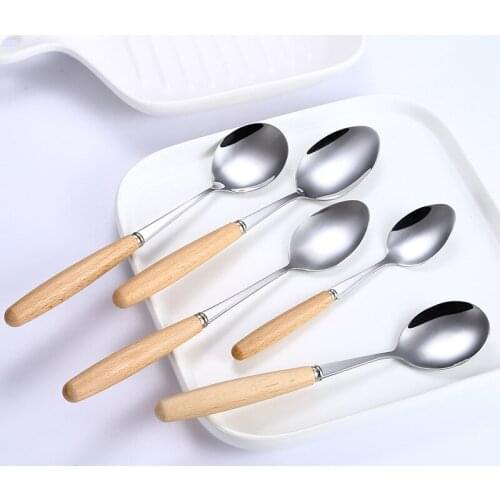 5 Pcs Spoon Sets Stainless Steel Table Set Wooden Handle Round Shape Coffee Spoon Dinner/Dessert Tea Spoons Drop Shipping