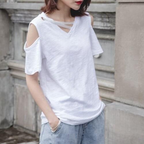 Off Shoulder White Cotton Women T-Shirts 2021 Summer New V-Neck Bandage Slim Loose Casua Lady Pulls Tops Tees