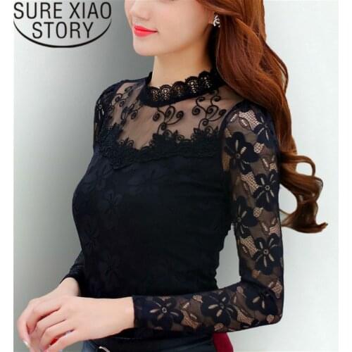 Blusas Mujer De Moda 2021 Womens Blouses White Shirt Lace Hollow Out Stand Long Sleeve Shirts Pullover Plus Size Tops 2305 50