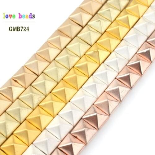 Scrub Natural Stone Bronze Rose Gold Silver Color Hematite Square Pyramid Double Hole Beads Bracelet Jewelry 6x6x4mm