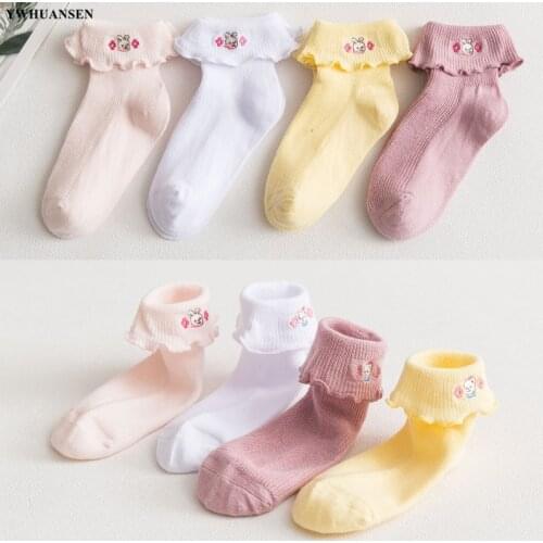 YWHUANSEN 1 to 5 Yrs Girls' Little Ripple Edge Turn Cuff Socks Animal Embroidery Kids Socks Cotton Seamless Socks Spring Summer