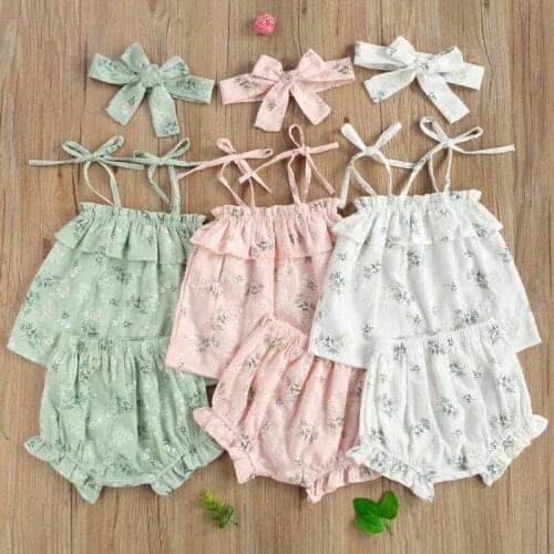 Girls Three Piece Set Infants Ruffled Hem Lace Up Shoulder Strap Floral Printed Tops Elastic Waist Shorts Hair Band
