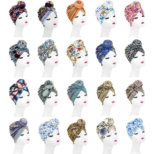 New Women African pattern flower turban Muslim headscarf headwrap Indian Knot turban Ladies Chemo Cap Bandanas Hair Accessories