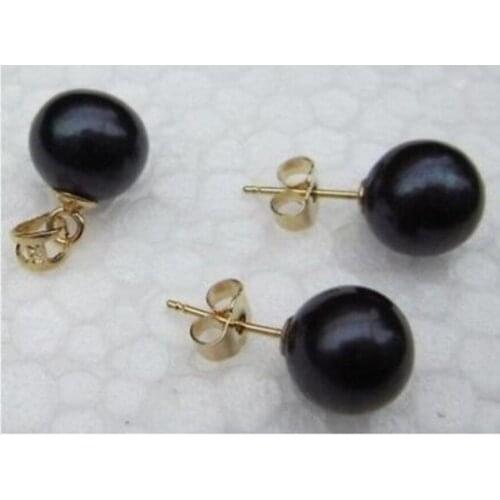 New hot Perfect set of AAA10-11mm round south sea black pearl pendant earring 14k