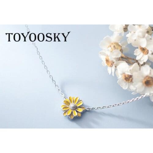 Real 925 Sterling Silver Yellow Daisy Flower Pendant Necklace For Charming Women Elegant Plant Fine Jewelry Accessories