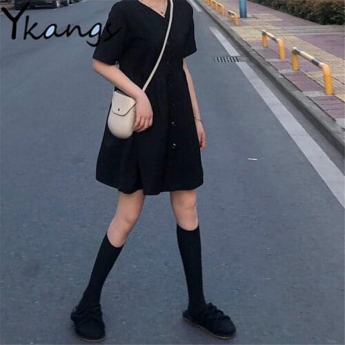 Black V-Neck A-Line Loose Dresses Fresh Sweet Short Sleeve Summer Simplicity WomenS Clothing Preppy Style Plus Size Vestidos