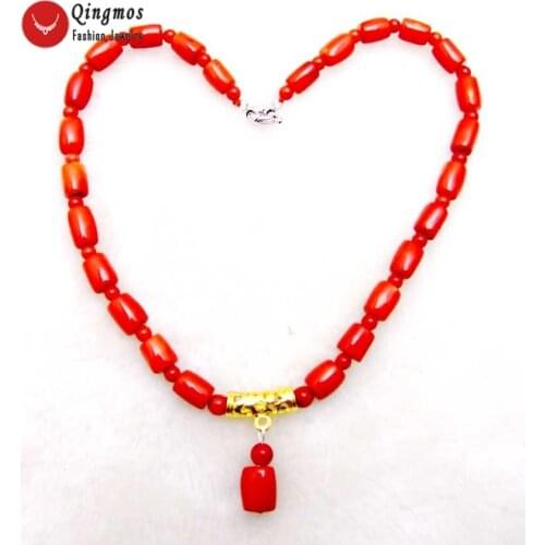 Qingmos Natural Red Coral Pendant Necklace for Women with 10-15mm Thick Slice & 5-6mm Round Coral Necklace 17'' Chokers Jewelry