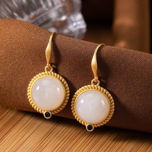 Original S925 Sterling Silver Natural Hetian Jade White Jade Earrings High-End Ladies Personality Safety Buckle Earrings Eardrop