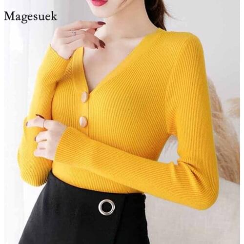 Autumn and Winter Women Knitwear Long Sleeve Knitted V-neck Solid Korean Sweater Women Bottoming Slim Office Lady Pullover 10918