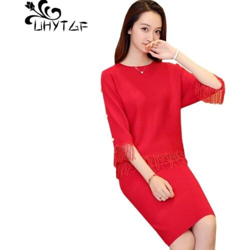 UHYTGF Spring sets female fashion tassel beaded elegant lady two piece set O neck pullover Knitted Short top skirt set women 837