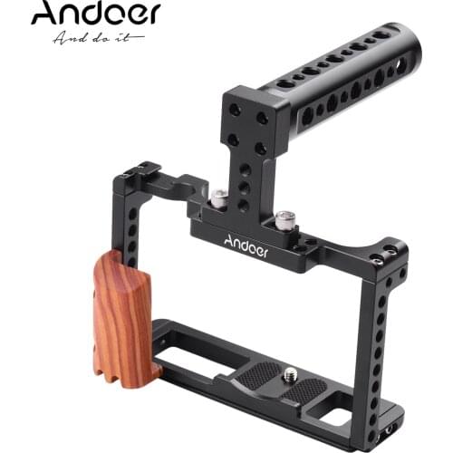 Andoer Aluminum Alloy Camera Cage Kit Protective Vlog Cage with Wooden Hand Grip with Cold Shoe for Fujifilm X-T4 ILDC Camera