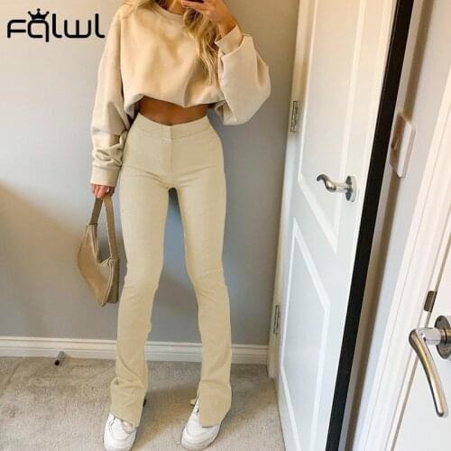 FQLWL Streetwear High Waist Pants Women Trousers Bodycon Flare Split Pants Female Black Solid Elastic Bell Bottom Pants Ladies