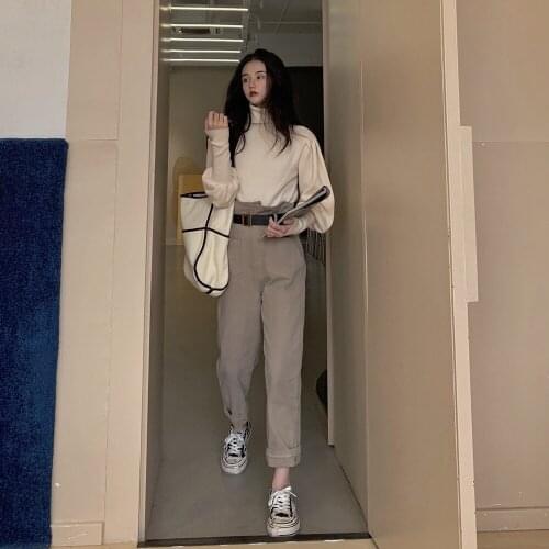 2021 New Women Cotton Fabric Ninth Pant With Belt Thick Pencil Trousers Female High Waist Autumn Winter Fashion Straight Pants