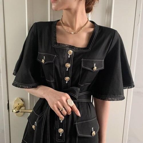 Women Jumpsuits 2021 Summer Retro Temperament Square Collar Raw Edge Stitching Lace-Up Waist Flared Sleeve Jumpsuit
